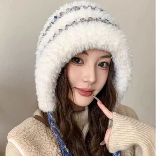 大毛边民族风毛绒彩色条纹针织帽子女冬季护耳保暖毛线套头帽百搭