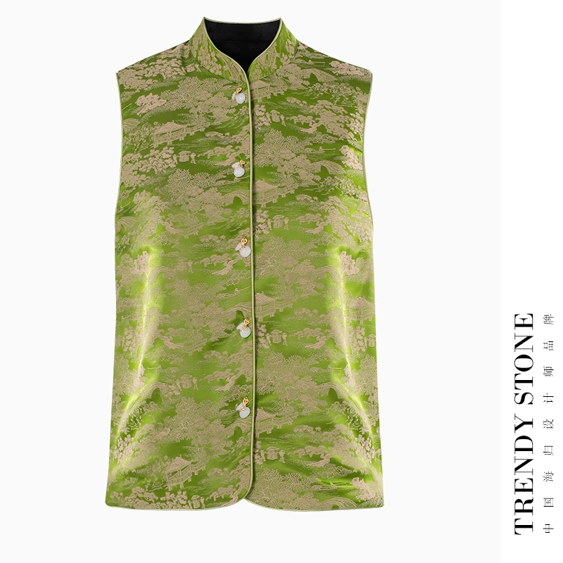 潮石新款重磅醋酸新中式马甲高端绿色无袖提花马夹T61159120