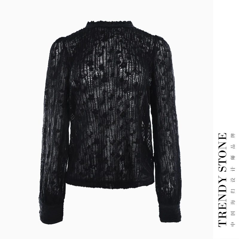 潮石新款高级感绵羊毛蕾丝高定复古法式针织长袖上衣 T43081450
