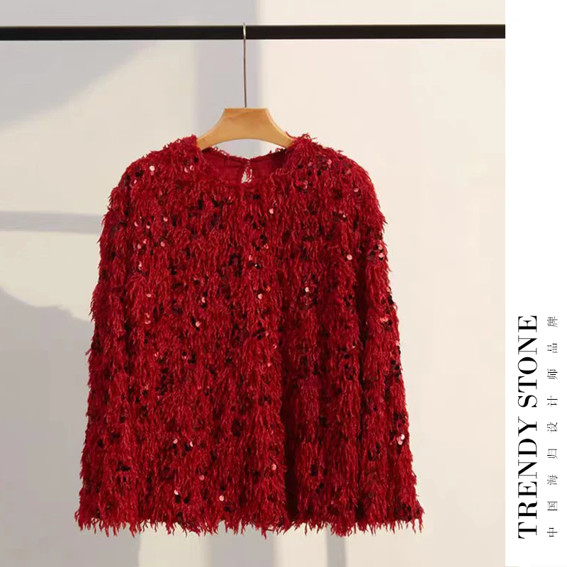 潮石法式高级感重工亮片羽毛宽松长袖针织衫上衣T61089050