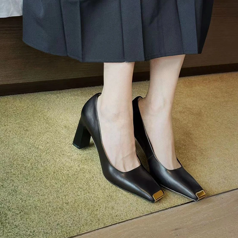 潮石小众法式金属方头女士通勤真皮高跟鞋T53PX9010