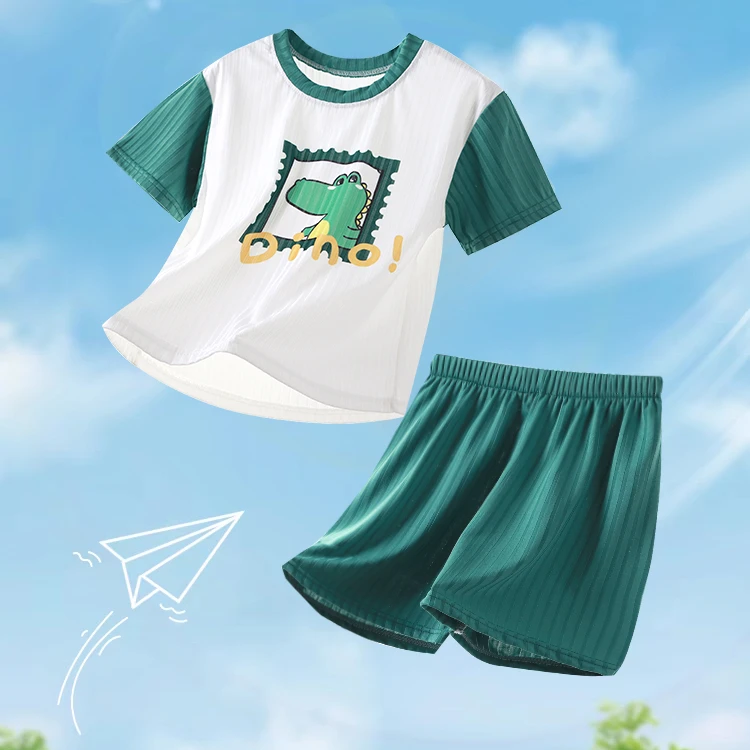 儿童冰丝睡衣男中童夏季宝宝短袖短裤空调家居服套装男孩夏款外穿