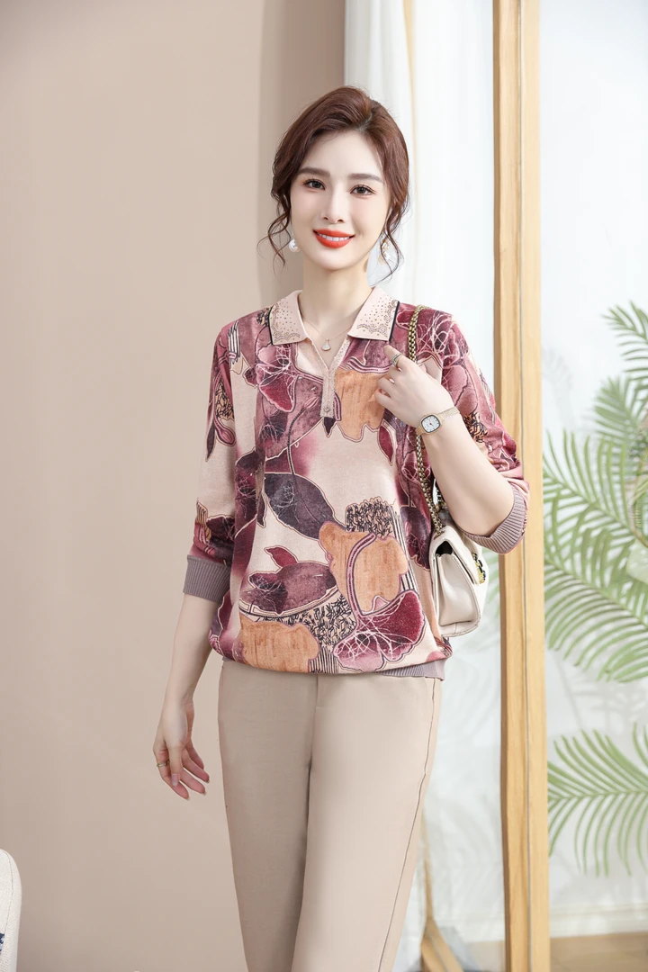 2024新款中老年妈妈装秋装针织衫长袖上衣洋气时尚宽松印花打底