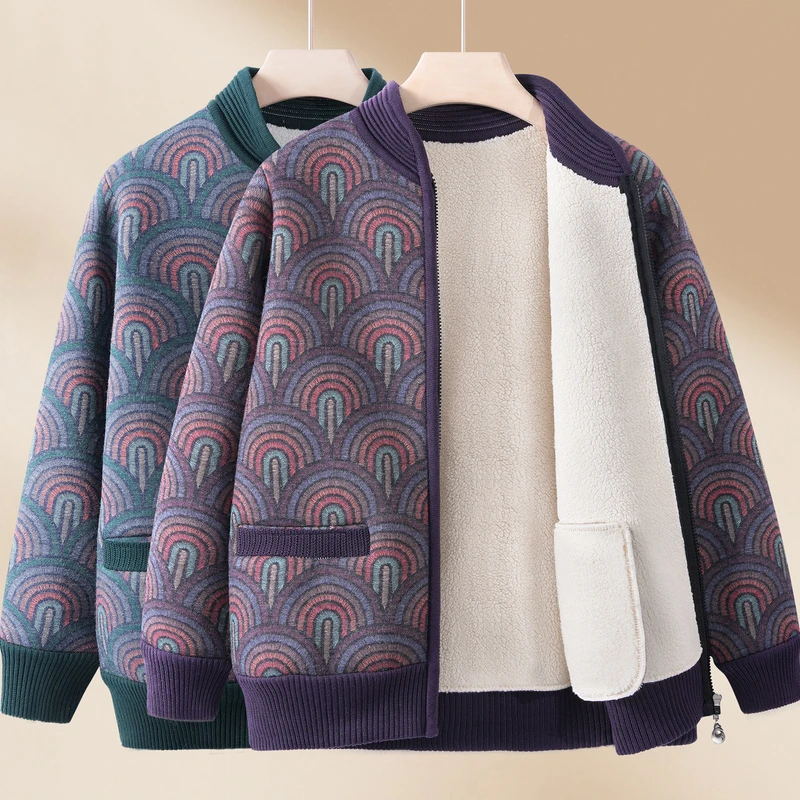 奶奶装秋冬加绒毛衣女针织外套中老年人加厚保暖妈妈新款开衫上衣