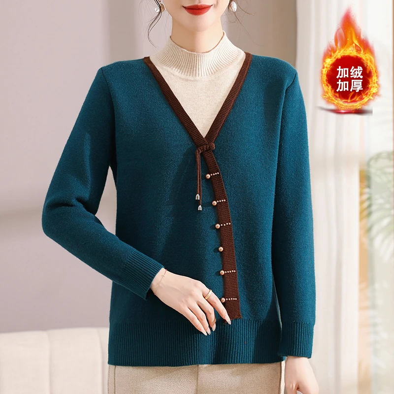 2024冬季新款加绒保暖国风假两件套头时尚百搭潮流妈妈装妈妈毛衣