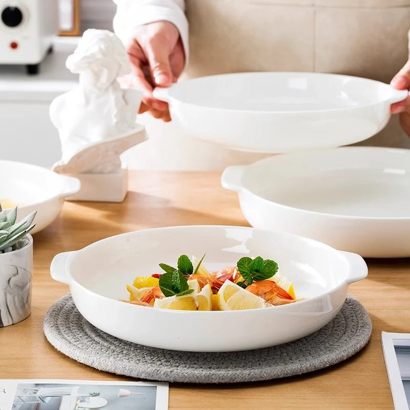 【双耳窝盘】景德镇高档骨瓷防烫双耳菜盘子家用新款蒸鸡蛋纯白陶瓷