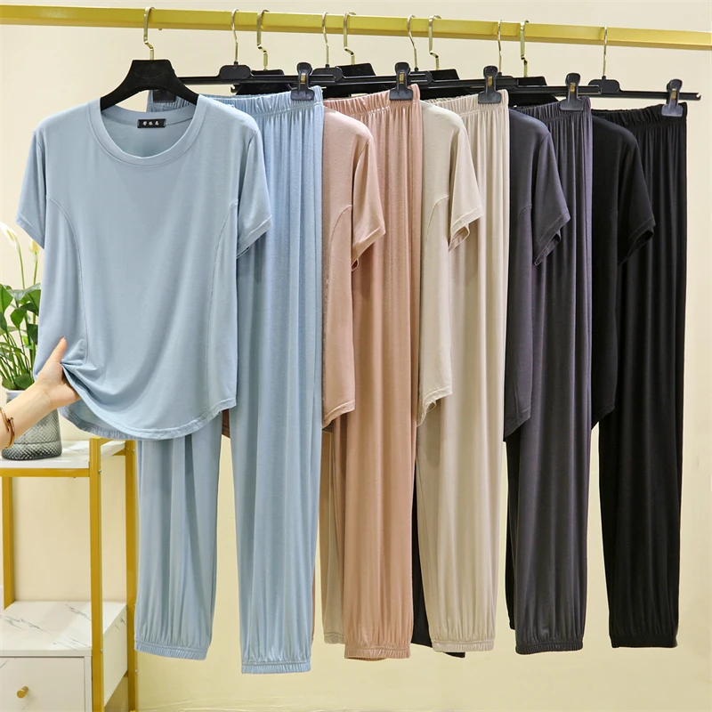 莫代尔短袖长裤两件套简约家居服女士夏季薄款宽松可外穿休闲套装