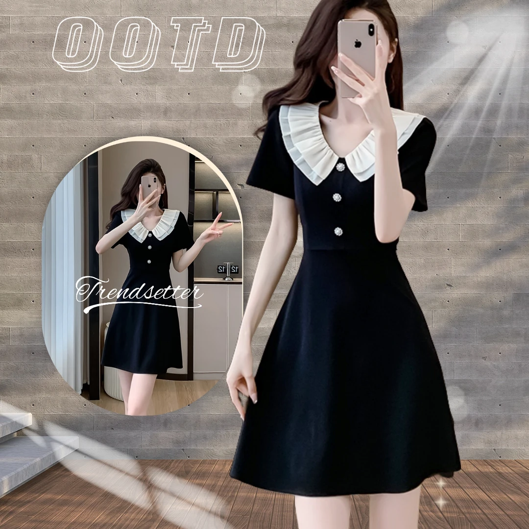 赫本风娃娃领设计感女收腰显瘦气质夏季小个子时尚减龄法式小黑裙