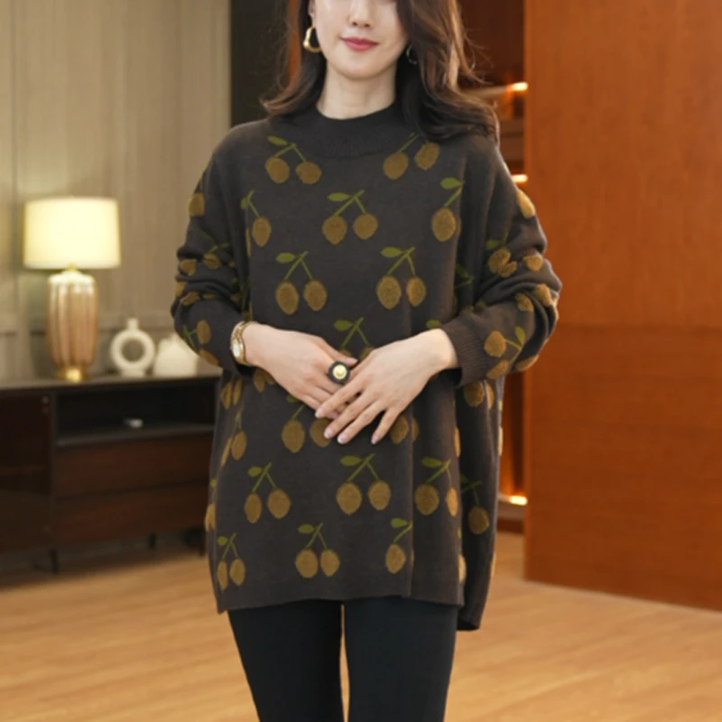 2024大码新潮套头宽松提花圆领长袖时尚百搭毛巾绣毛衣郁金香毛衣