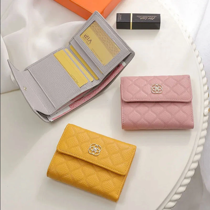 2025新款牛皮小钱包女士短款钱夹零钱包黄色招财时尚钱包
