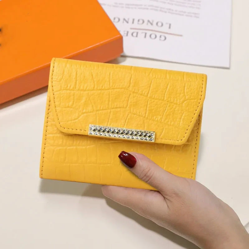 新款女士短款钱包零钱包小手包真皮牛皮时尚气质镶钻黄色招财钱夹