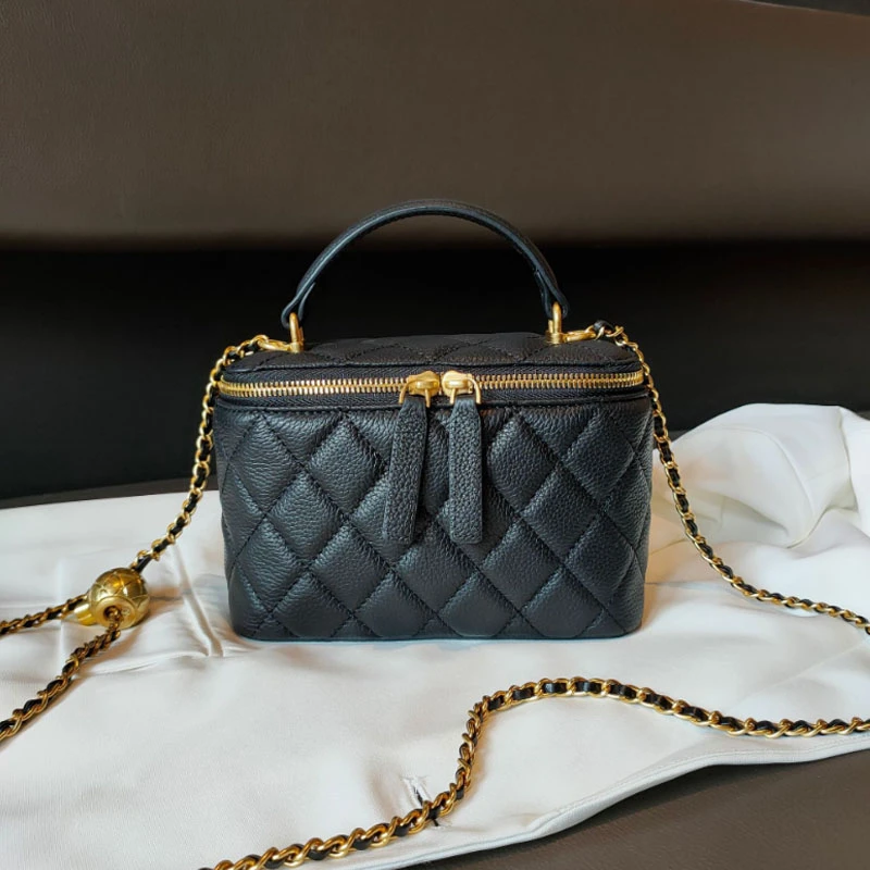 2025新款金球方盒子包真皮小香风菱格链条包单肩斜挎小方包时尚