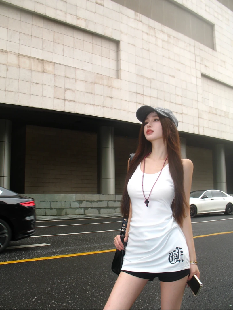美式辣妹白色印花无袖吊带背心女夏外穿修身显瘦内搭辣妹长款上衣
