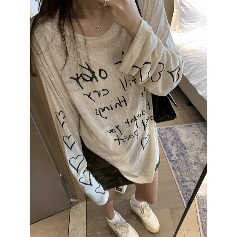 美式复古字母爱心印花T恤女秋季防晒空调罩衫宽松休闲慵懒风上衣