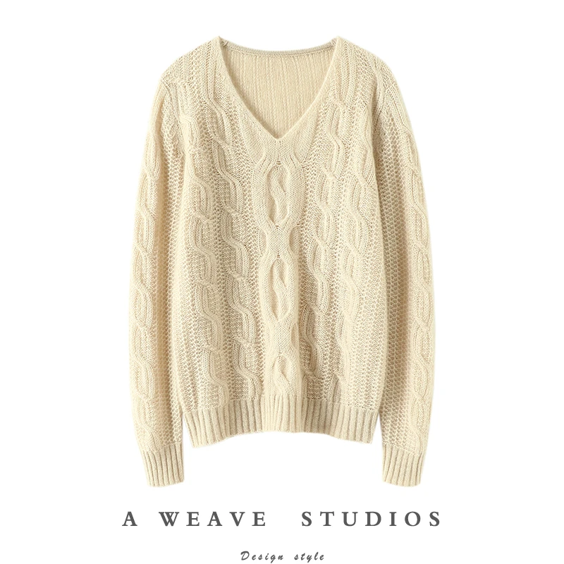 抓人的舒服好看~V领绞花羊绒衫女款松慵懒风纯羊绒毛衣秋冬新款
