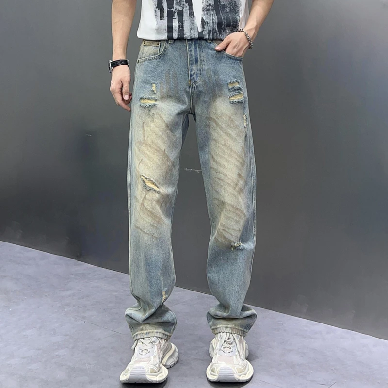 印花牛仔美式裤潮男宽松直筒男士时尚牛仔长裤男牛仔裤子休闲百搭