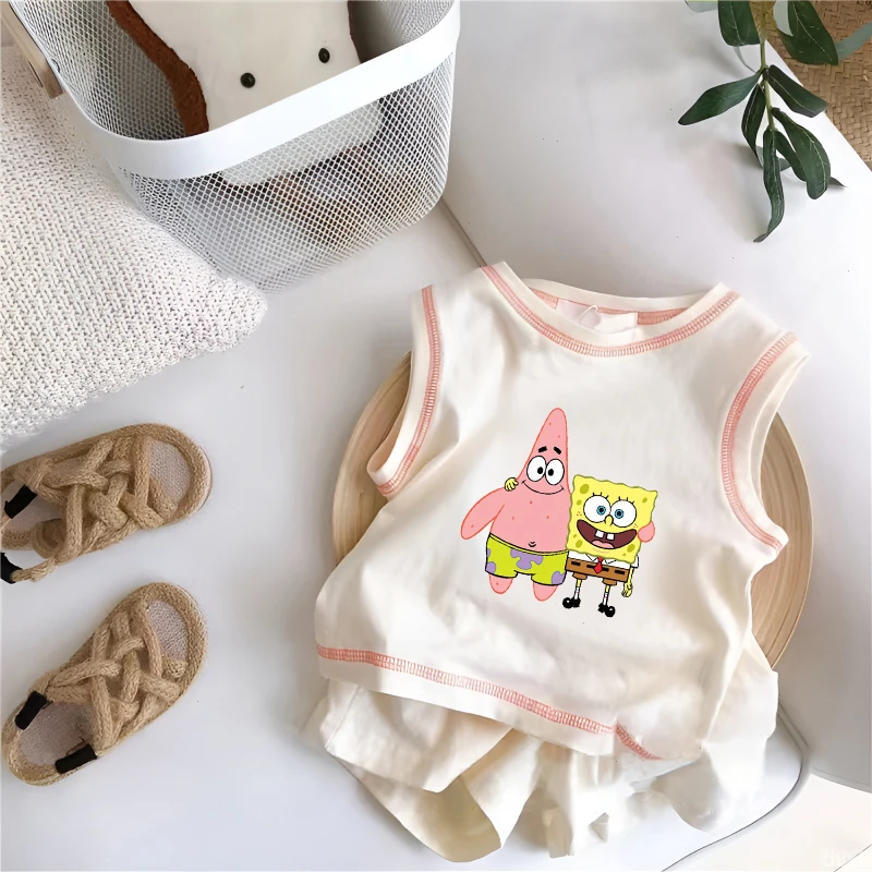 宝宝短袖t恤夏季女无袖背心套装两件套男小童可爱印花婴幼儿卡通