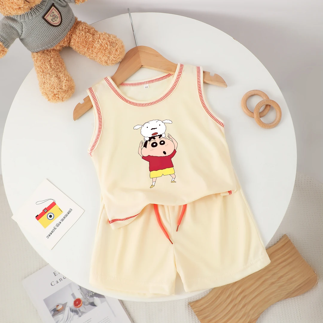 卡通童装婴儿可爱印花男童两件套背心套装女宝宝夏季新款短袖t恤