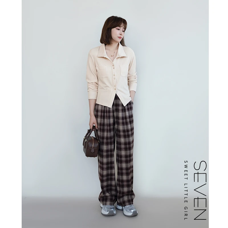 105格子裤七七146小个子秋季百搭棋盘网格直筒休闲阔腿裤小美说