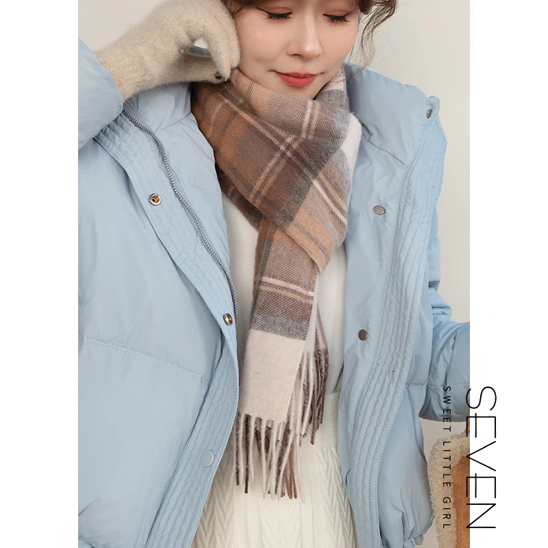 ③七七146小个子纯羊毛格纹撞色围巾女秋冬百搭保暖流苏围脖小美说