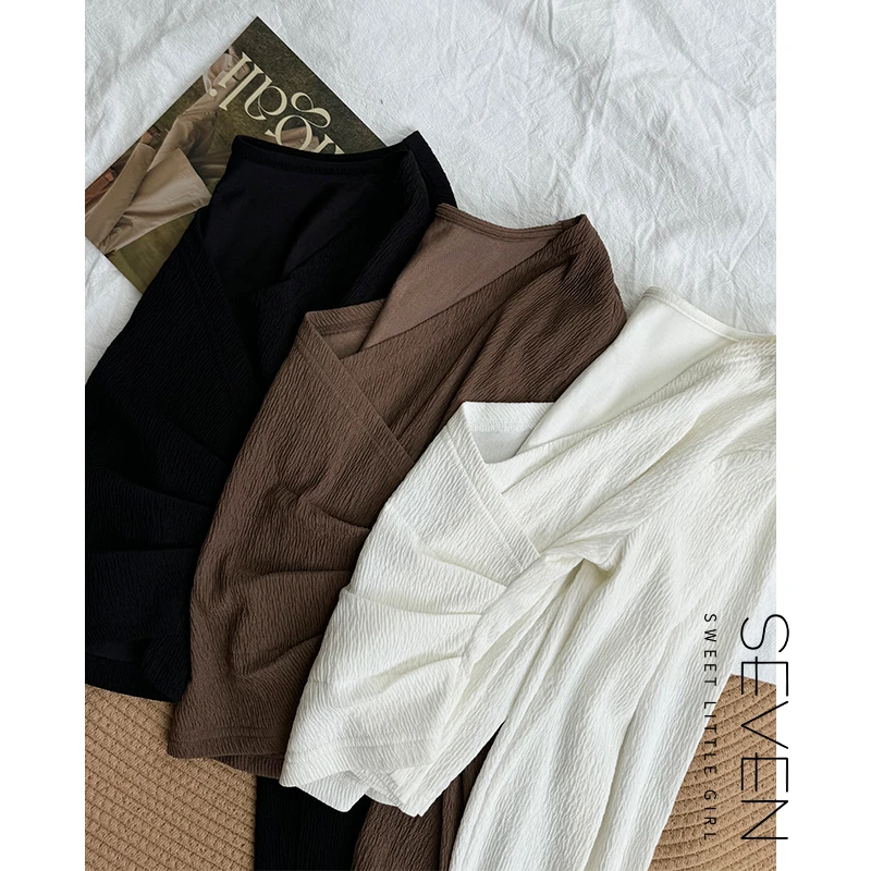 5抗皱T七七146小个子秋季泡泡褶收腰长袖女修身百搭打底衫小美说