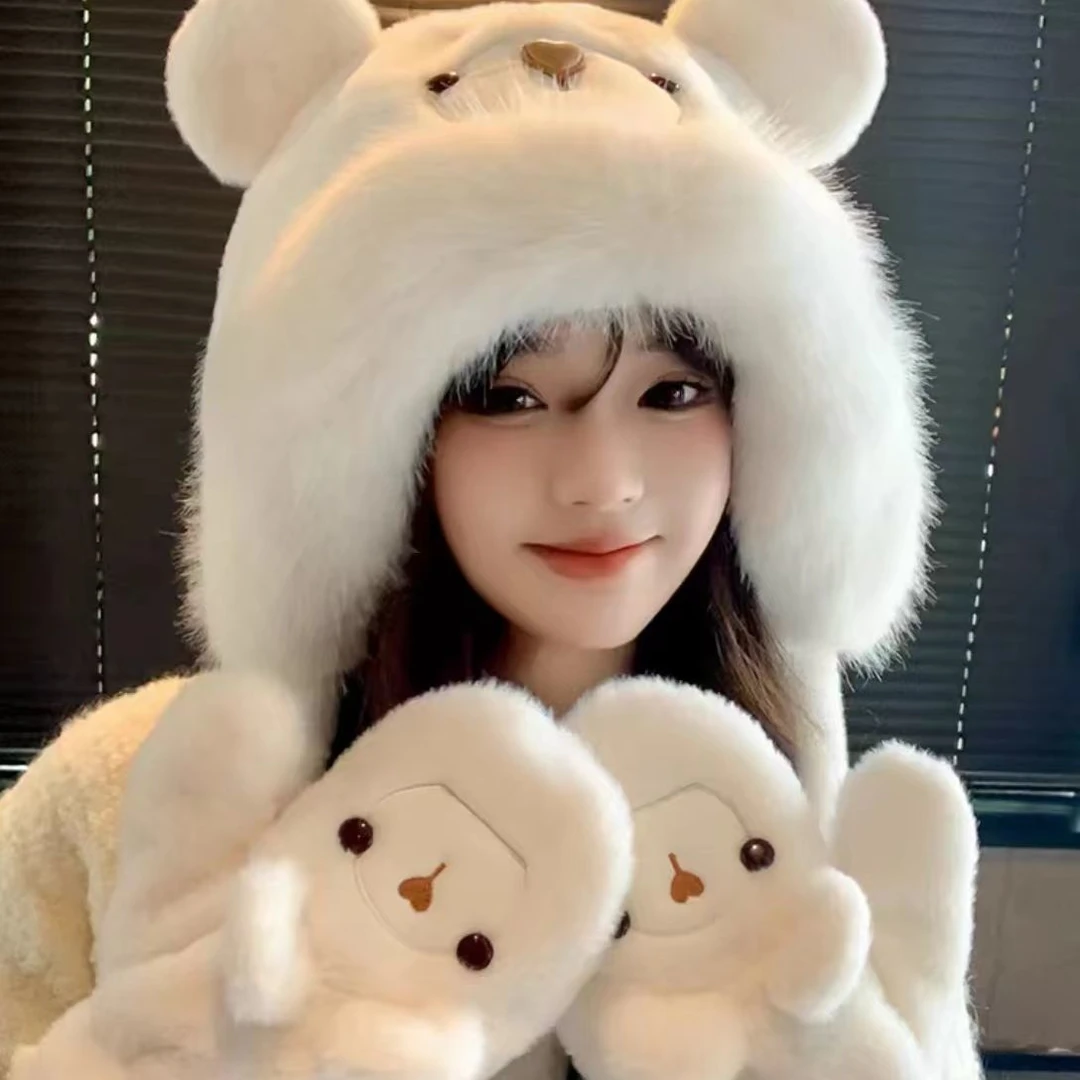 新款毛绒小熊耳朵帽子秋冬季加厚保暖护耳头帽可爱大头骑车FDD