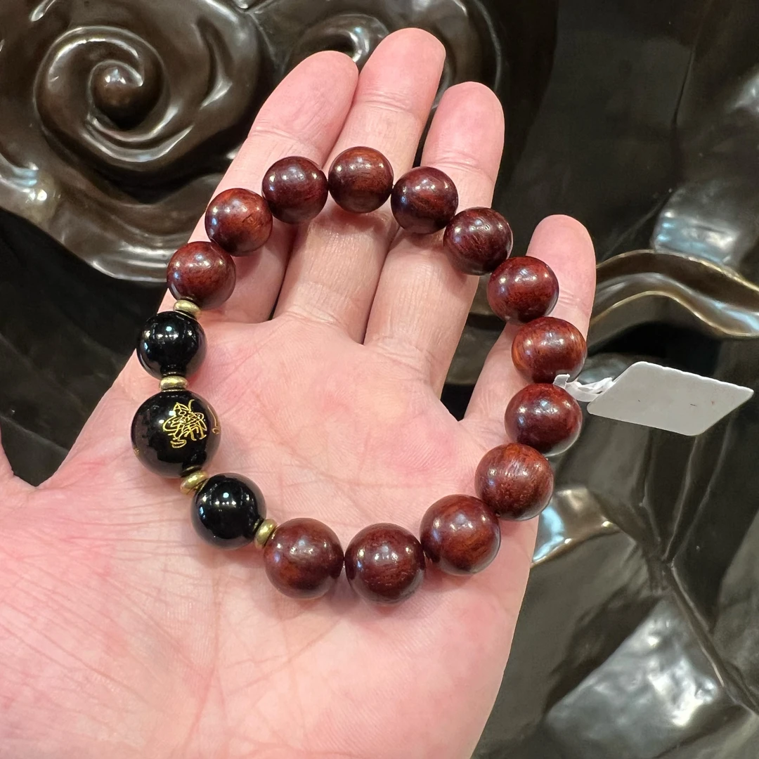 非金属木质手链 血檀木光珠情侣手串12mm红色饰品轻奢金色首饰