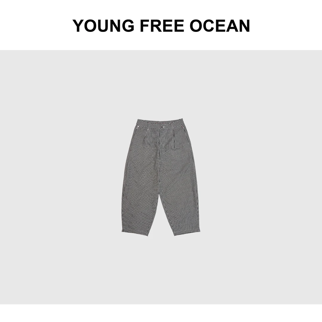 YOUNG FREE OCEAN2024夏款 棉麻小格子香蕉裤