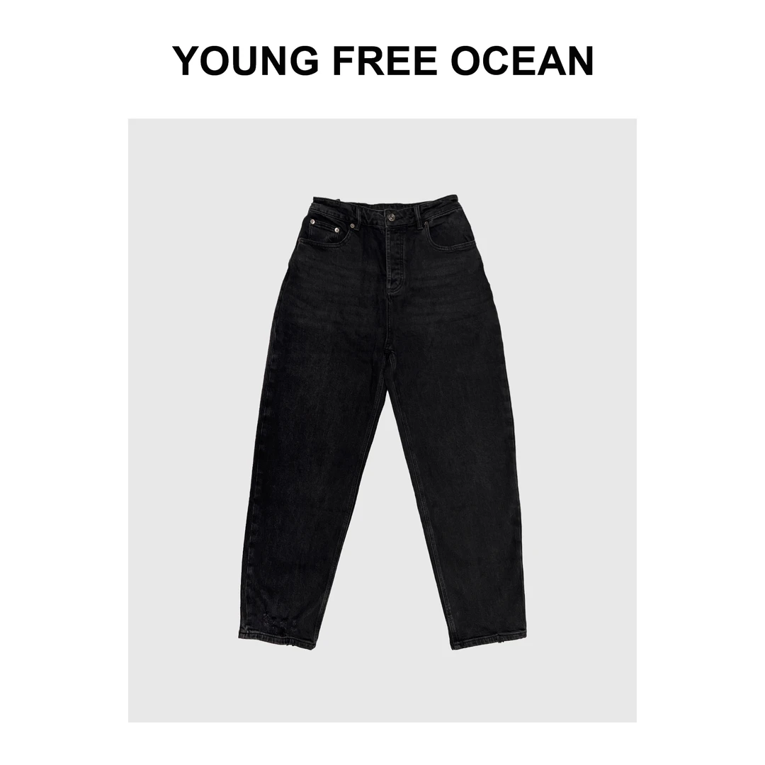 【YF】推荐 2023秋冬款 裤口剪破弯刀黑色牛仔裤