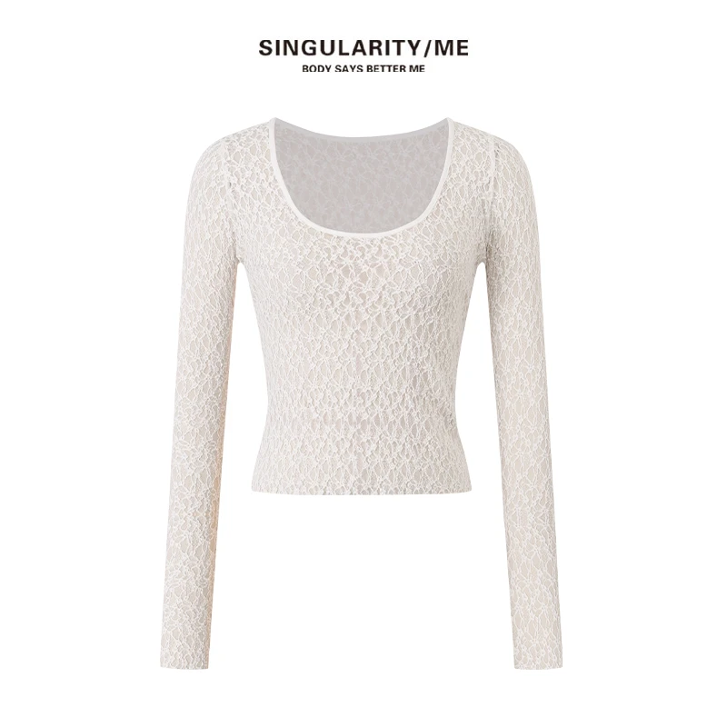 Singularity Me 6687 性感钩花蕾丝微透肌理感打底线上衣