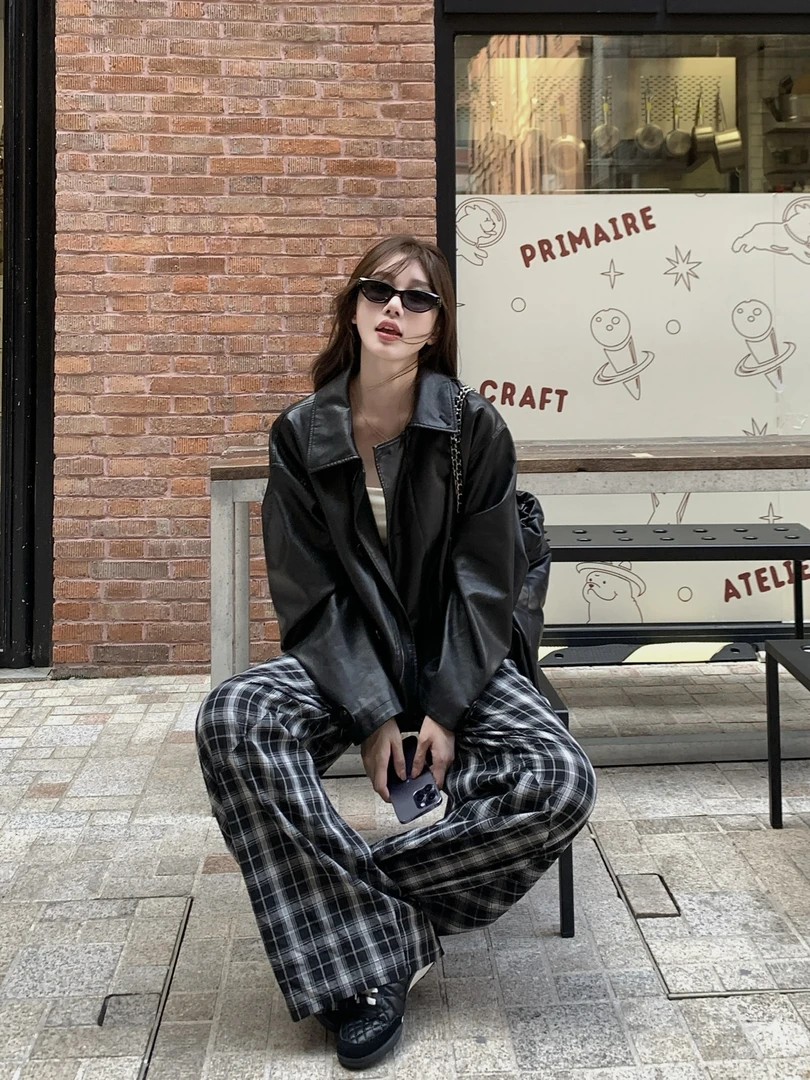 【清爽西海岸】气质复古纯色皮夹克外套秋季休闲百搭翻领外套81364