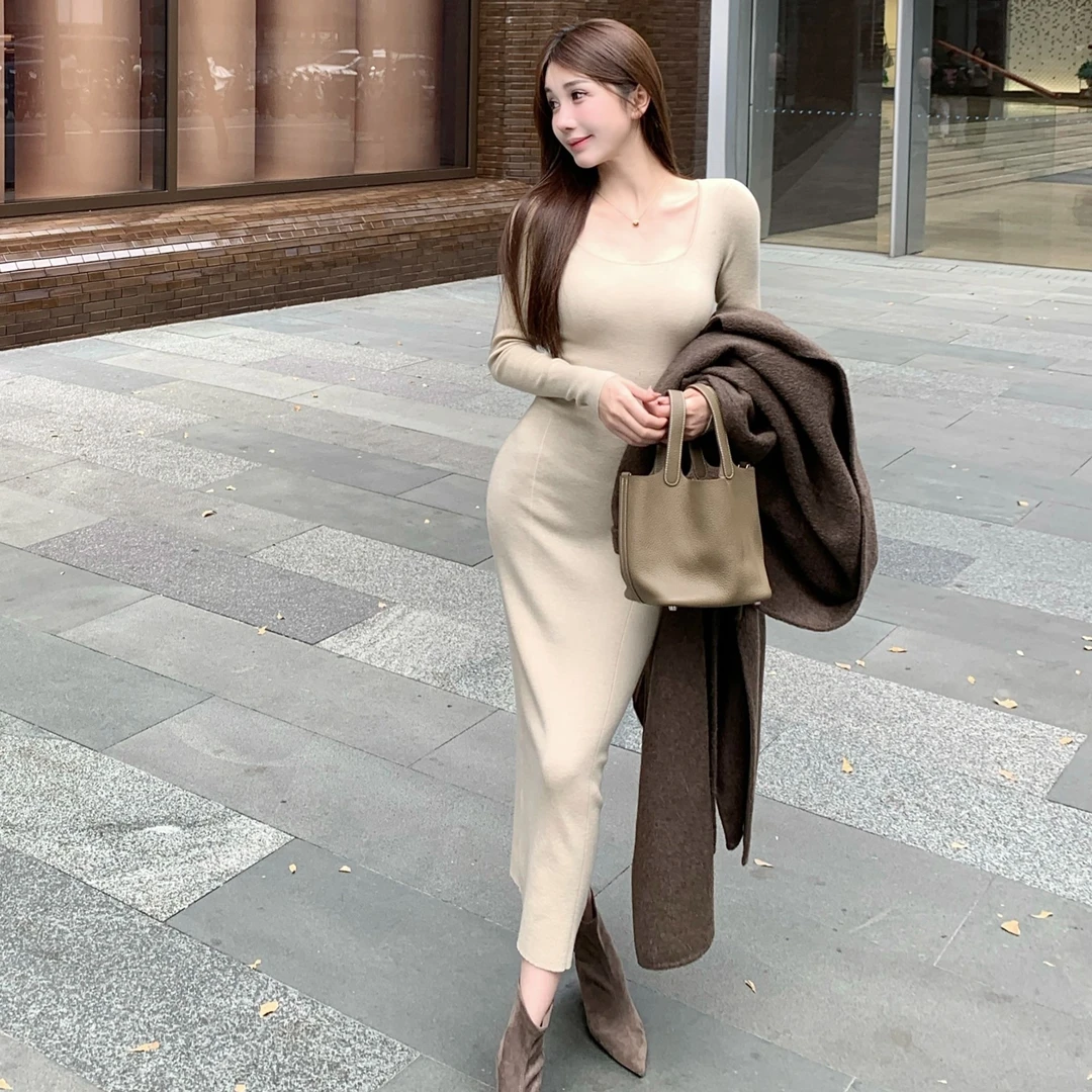 【晚安公主】气质性感毛织长袖连衣裙时尚显瘦包臀裙修身长裙81409