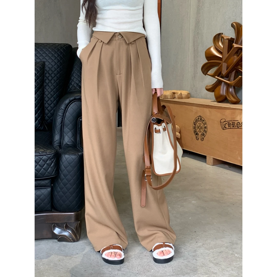 【巴黎往事】设计感翻边拼接休闲裤高级感宽松直筒高腰阔腿裤80074