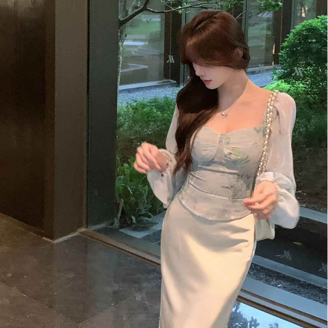 【薄雾玫瑰】法式方领碎花长袖衬衫女设计感灯笼袖短款上衣80831