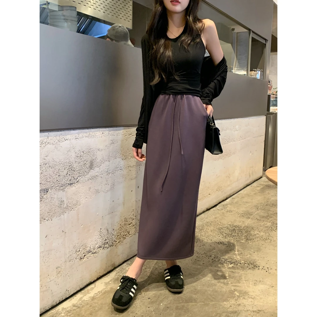 【左岸午后】早秋高腰直筒半身裙设计感抽绳垂感休闲风半裙8933