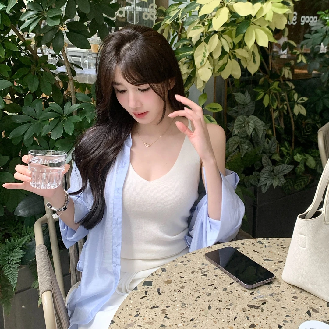 【极简主义】时尚简约微透工字针织背心吊带女休闲纯色V领背心80892