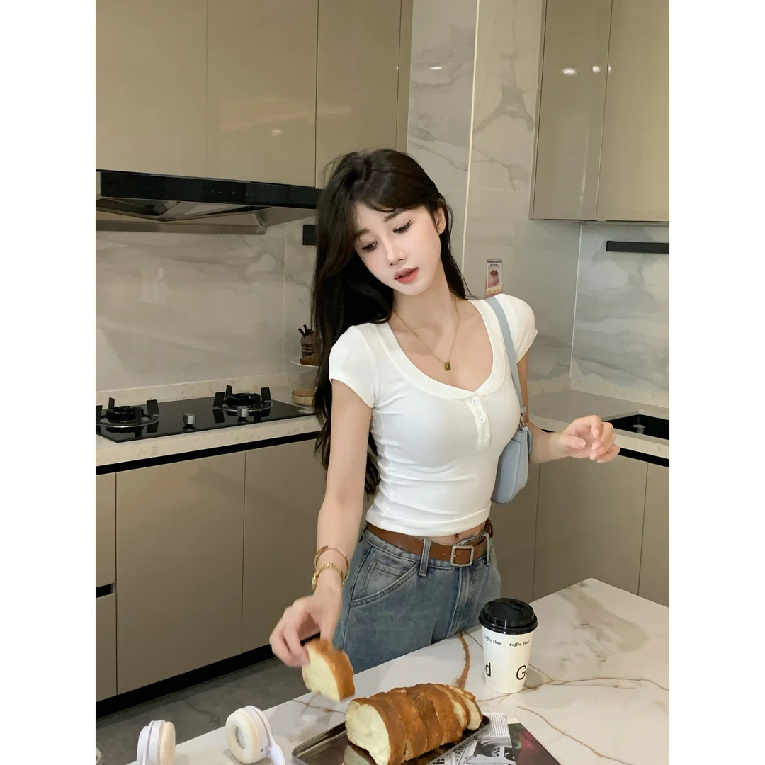 【罗马假日】美式复古U领短袖T恤女设计感露锁骨修身显瘦上衣8905