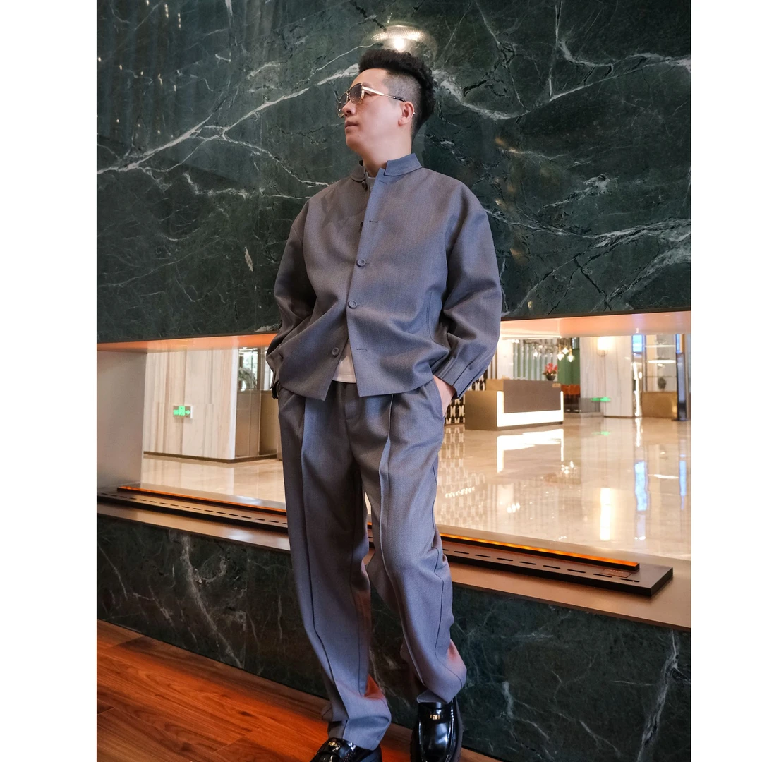 BUFNROEEY灰色羊毛新中式立领设计感男士套装短款休闲时尚男装