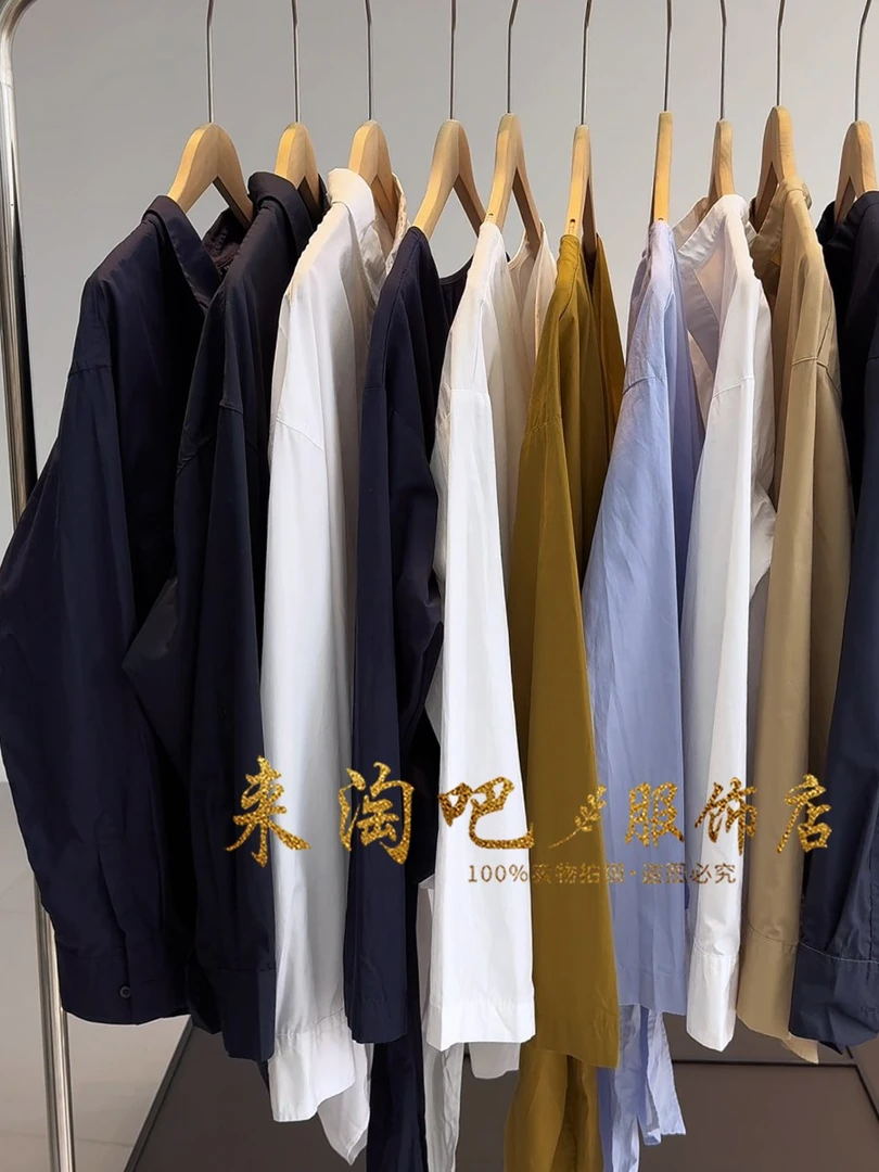 日单 试衣间 精梳棉 女V领长袖前短后长百搭条纹宽松套头衬衣衬衫