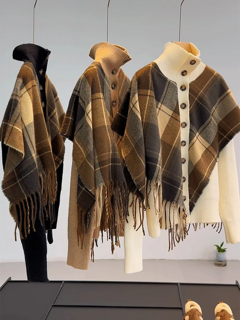 格子流苏翻领假两件上衣开衫慵懒风高端显瘦拼接撞色外套毛衣