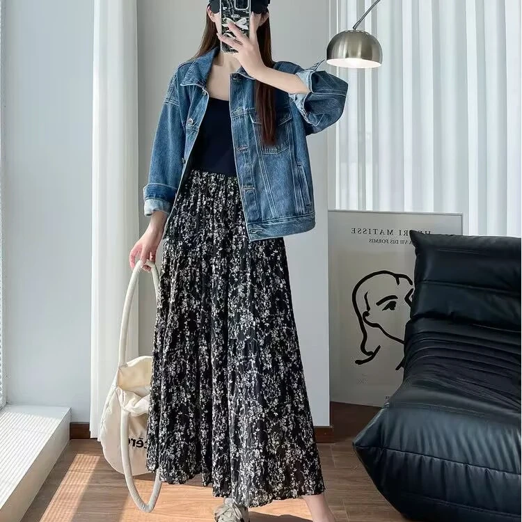 2025早春新款雪纺碎花百搭高腰垂感显瘦a字裙中长款拼接大摆裙
