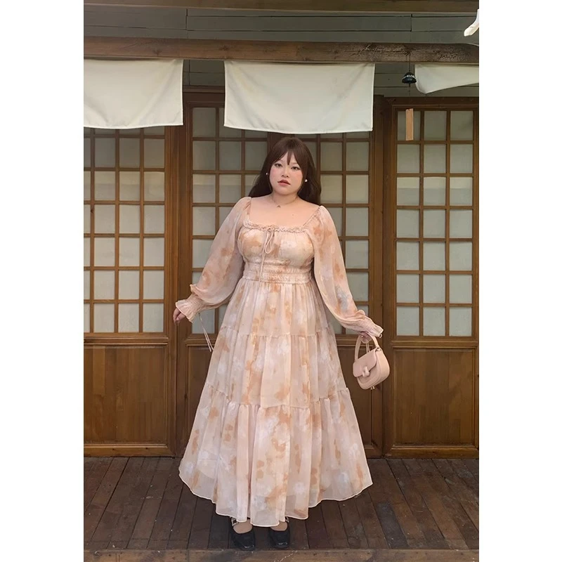 dese嘚瑟软糖春季氛围感扎染碎花连衣裙胖mm法式复古方领长袖裙子