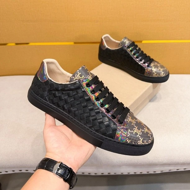 欧洲站2025新款黑色编织轻奢百搭休闲板鞋男士新款低帮系带平底鞋