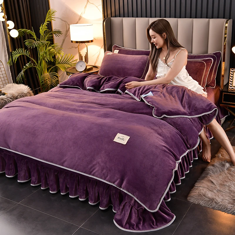 8斤加绒加厚床裙款牛奶绒四件套保暖防静电被套牛奶绒床单四件套