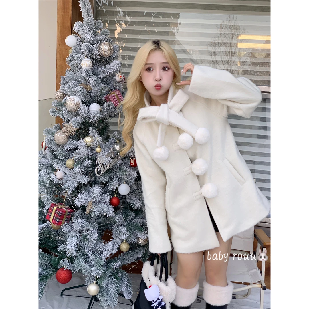 DY口820010【内格罗尼】蝴蝶结毛呢大衣冬季韩剧夹棉外套