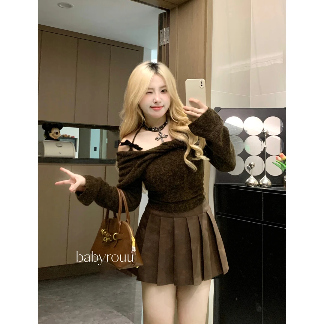 baby rouu【现货】【焦糖饼干】温与柔美拉德一字肩上衣百褶半裙套装
