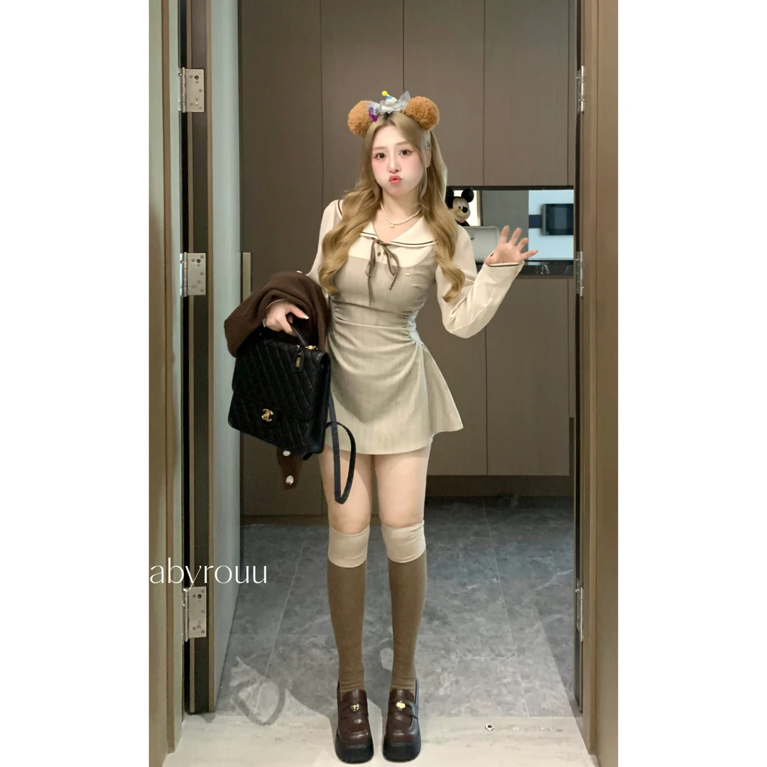 温与柔【现货】baby rouu【日杂少女】气质复古显瘦收腰假两件连衣裙