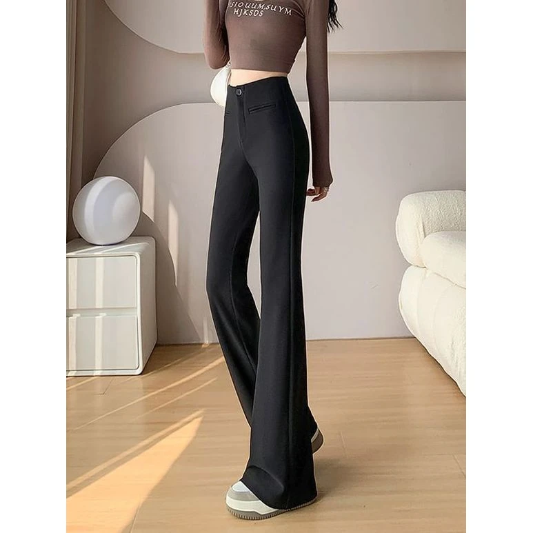 黑色西装微喇裤女2023秋冬加厚款西装裤小个子喇叭女裤休闲拖地裤