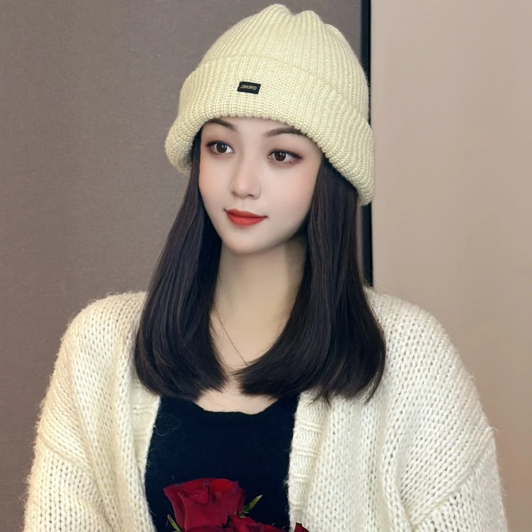 C标毛线帽子假发一体式秋冬新款时尚百搭显脸小自然仿真发微内扣
