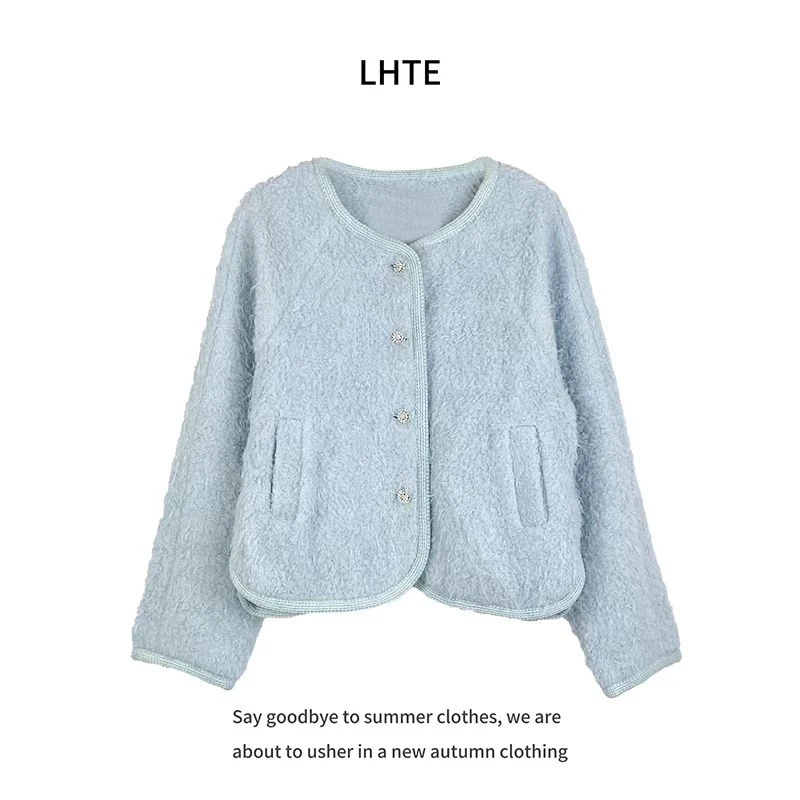 青青大码女装韩版小香风蓝色圆领长袖单排扣开衫外套女秋冬A3789